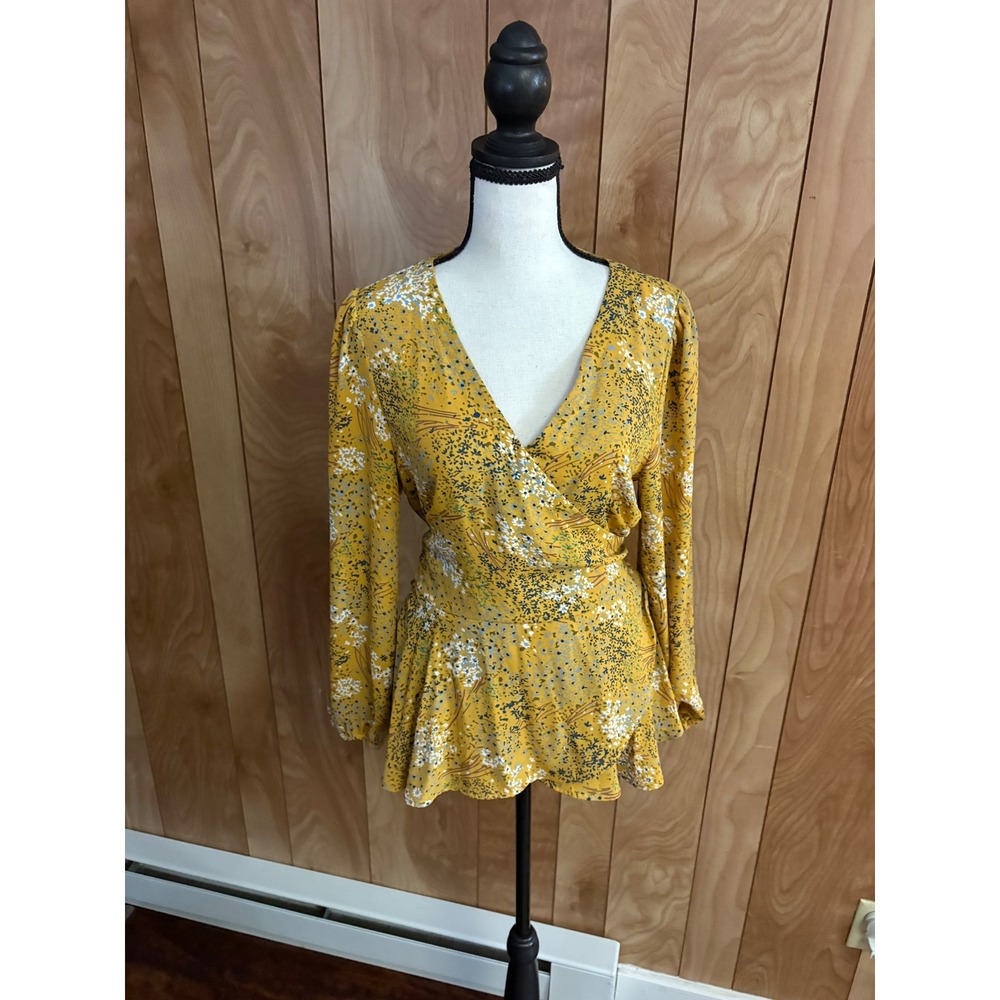 LOFT Mustard Yellow Floral Wrap Blouse Ruffle Peplum Top Long Sleeve Small